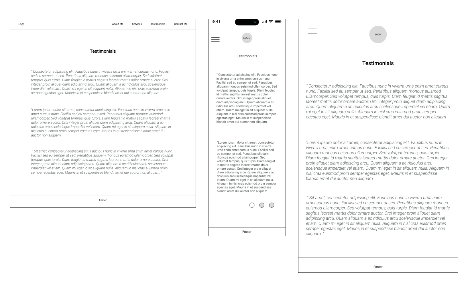 Testimonials mid-fi on desktop mobile, and tablet